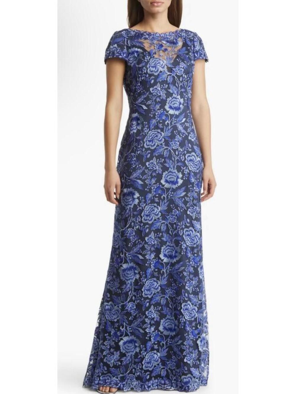 New Tadashi Shoji Embroidered Lace Evening Gown In Blue Violet/ Navy Sz 4 $478